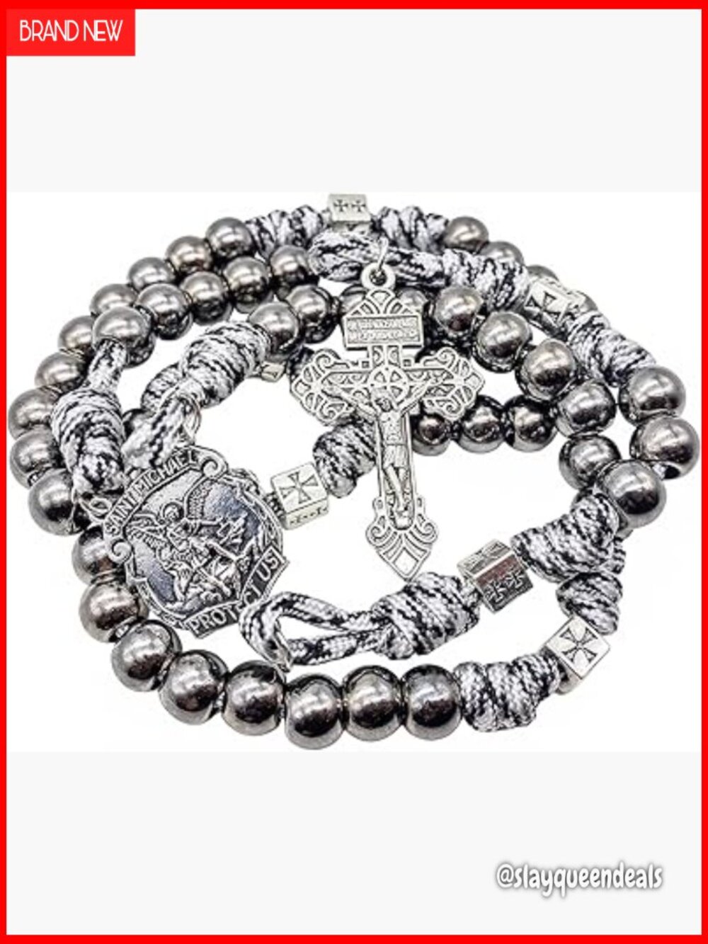 Paracord Rosary Necklace St Michael Medal Resin Beads Catholic Pardon Cross